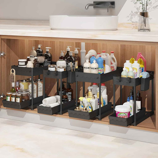4 Pack Under Sink Organizer, Bathroom Organizers and Storage, 2 Tier Multi-Use Pull Out Cabinet Organizer with Hang Hooks and Cups (Black, 4 Pack)