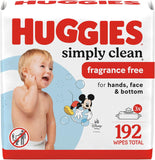 Huggies Simply Clean Unscented Baby Diaper Wipes, 3 flip-top packs, fragrance-free, 192 wipes total