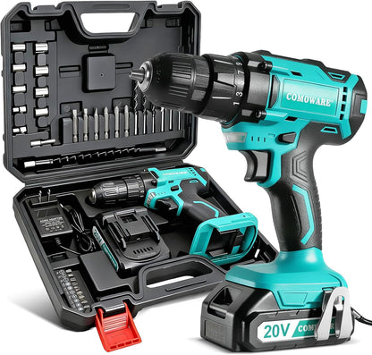 COMOWARE 20V Cordless Drill, Electric Power Drill Set with 1 Battery & Charger, 3/8” Keyless Chuck, 2 Variable Speed, 266 In-lb Torque, 25+1 Position and 34pcs Drill/Driver Bits
