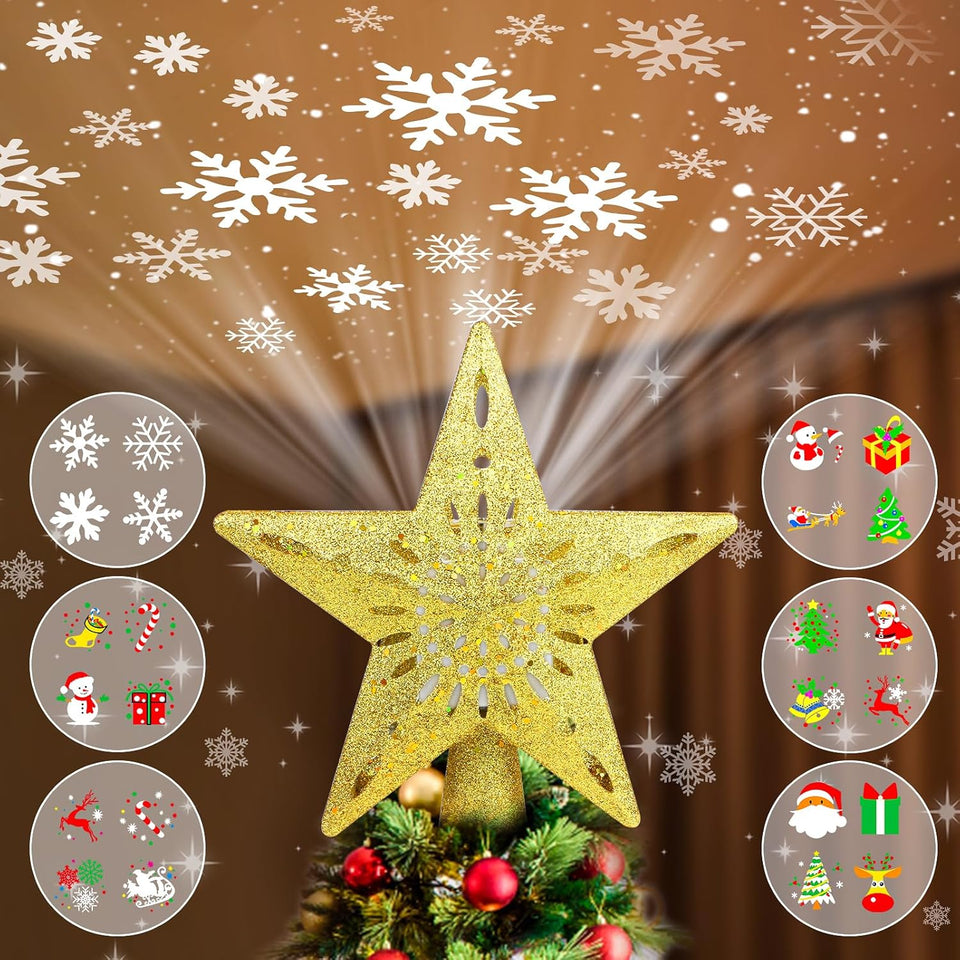 Christmas Tree Topper Projector Lights with 6 Projection Modes, Gold Star Christmas Tree Topper with Built-in LED Projector, Dynamic Projection for Christmas Party Holiday Decoration