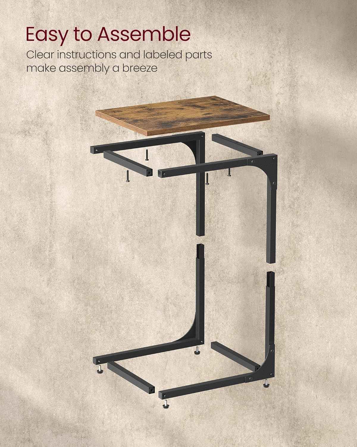 VASAGLE C-Shaped End Table, Small Side Table for Couch, Sofa Table with Metal Frame for Living Room, Bedroom, Bedside, Rustic Brown and Black