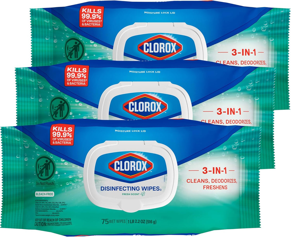 Clorox Disinfecting Wipes Flex Pack, Bleach Free, Fresh Scent, 75 Count, Pack of 3 (Pack May Vary)