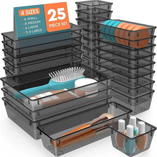 25 PCS Plastic Drawer Organizer Set, 4-Size Versatile Organizer Trays & storage Bins for Makeup, Jewelry, and Gadgets in Bathroom, Bedroom and Office,Clear Black