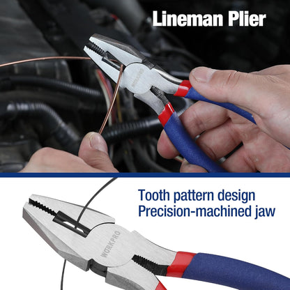 7-piece WORKPRO Pliers Set with Groove Joint, Long Nose, Slip Joint, Linesman, and Diagonal Pliers for DIY & Home Use