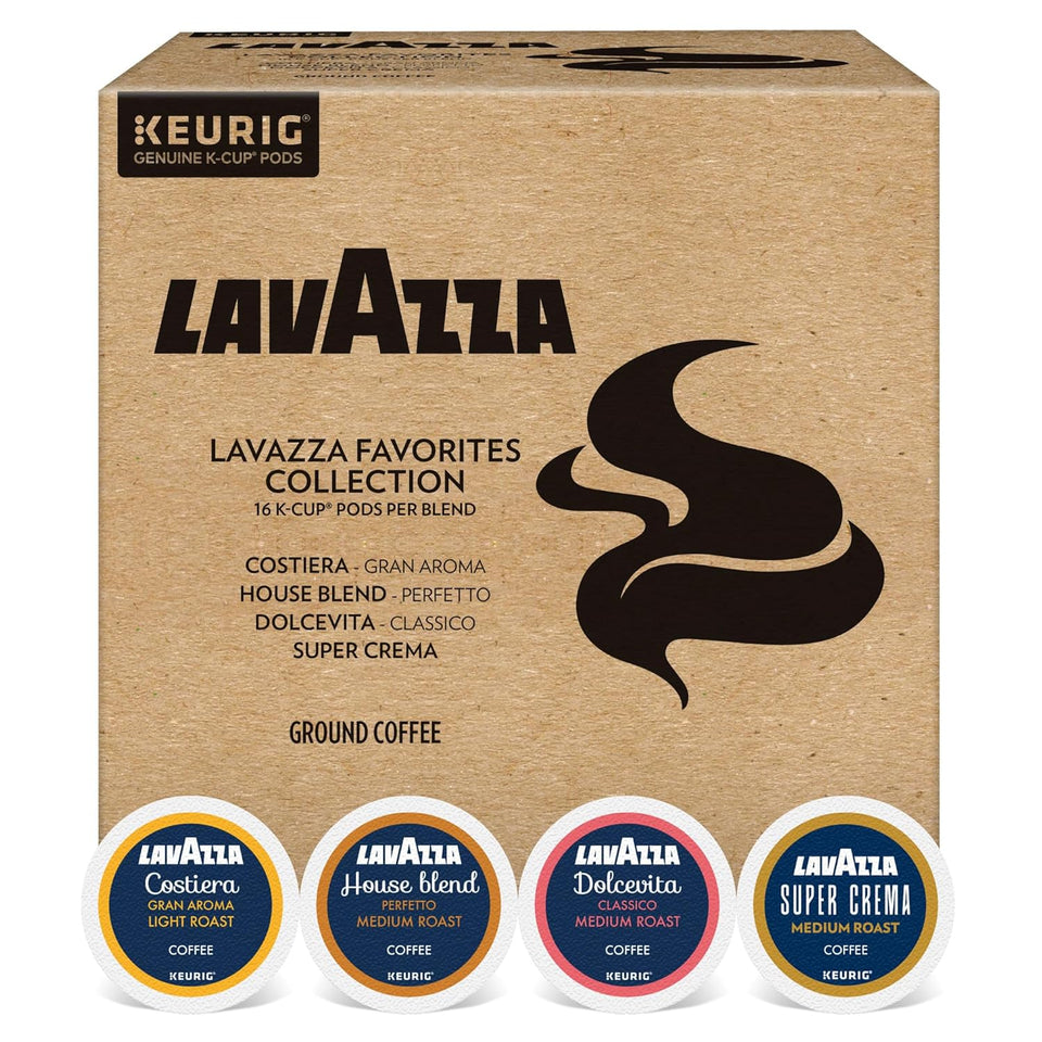 lavazza favorites collection variety pack, keurig k-cup pods, light and medium roast coffees, 64-count box