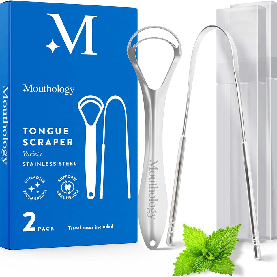 Mouthology 2-pack tongue scraper for adults, metal, stainless steel, tongue cleaner for hygiene