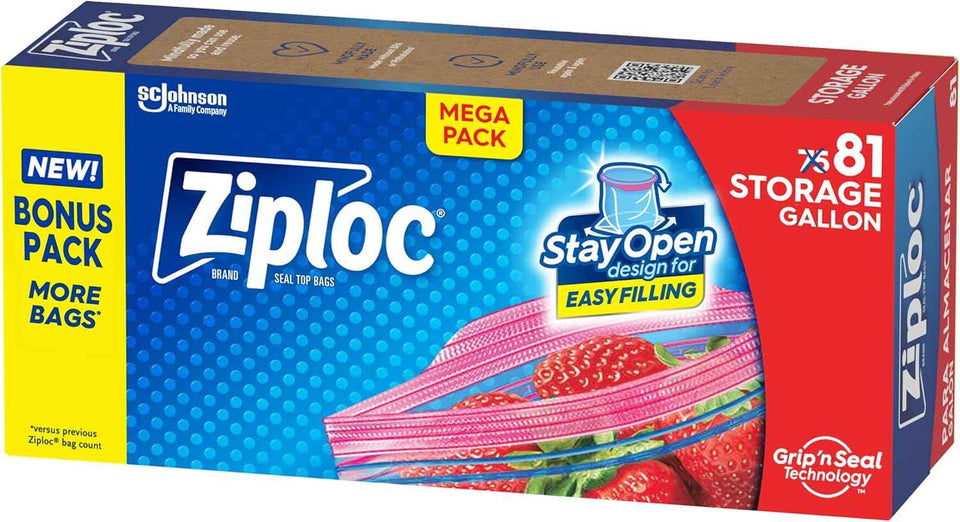 Ziploc Gallon Food Storage Bags, Stay Open Design with Stand-Up Bottom, Easy to Fill, 81 Count