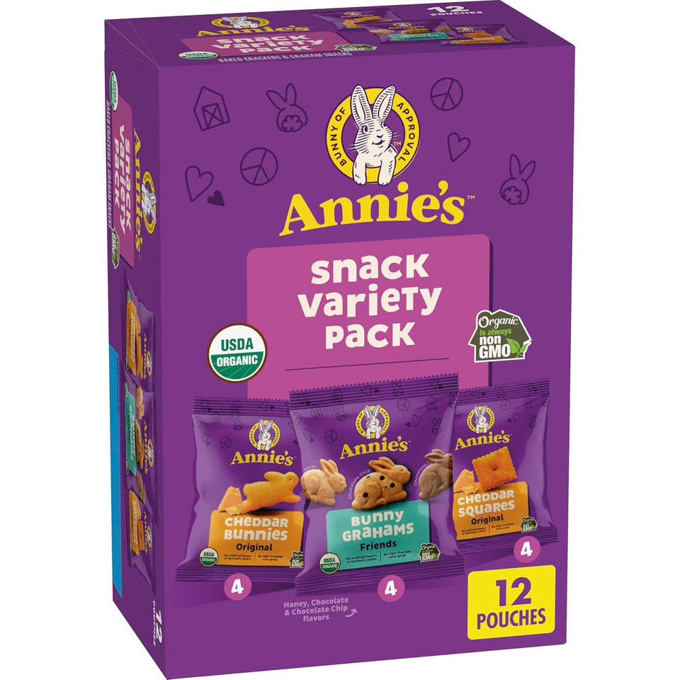 Annie's Organic Variety Pack, 12 Pouches, 11 oz, Cheddar Bunnies, Bunny Grahams and Cheddar Squares