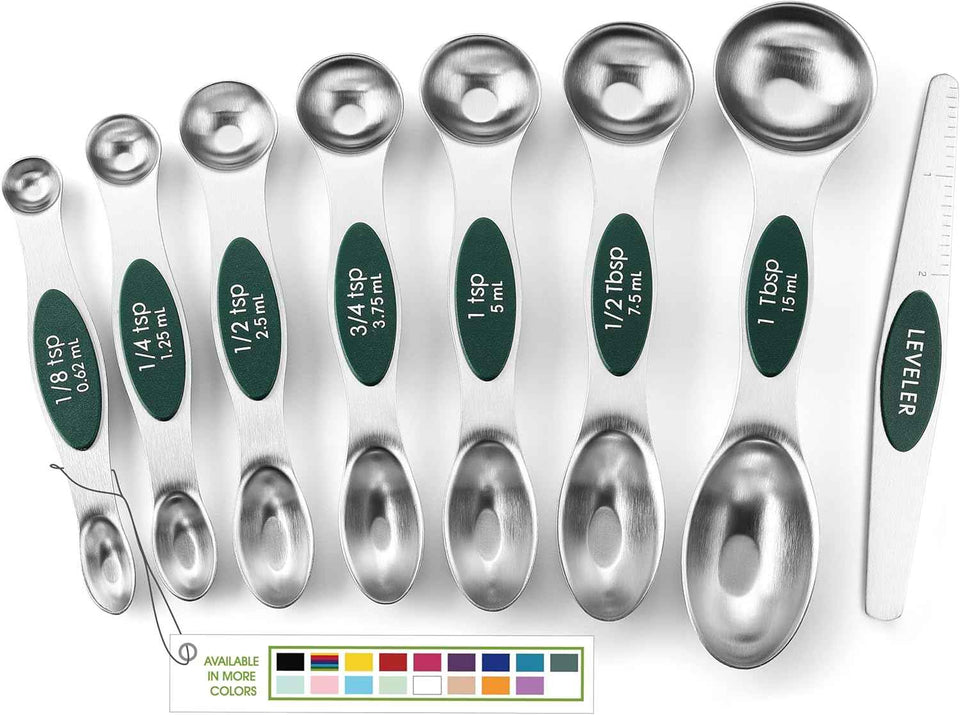 Spring Chef Stainless Steel Magnetic Measuring Spoons Set with Strong N45 Magnets, Heavy Duty Metal Kitchen Gadgets for Baking & Cooking, Fits in Most Kitchen Spice Jars, Set of 8 with Leveler, Black