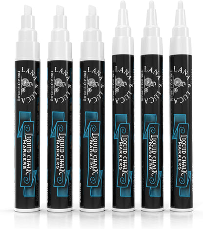 Liquid Chalk Marker Pen - White Dry Erase Marker - Chalkboard Signs, Windows, Blackboard, Glass (6 Pack) 3-6mm Reversible Tip, 3-3mm Fine Tip