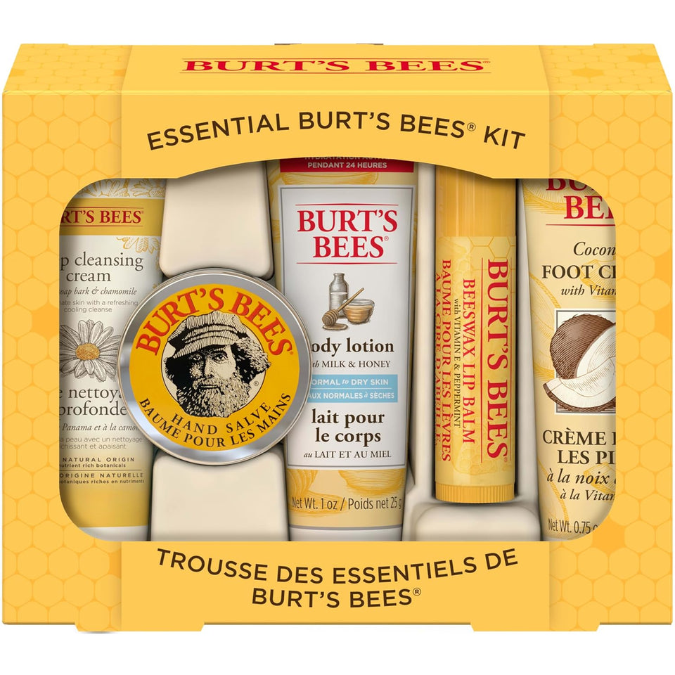 Burt's Bees essentials set with deep cleansing cream, hand salve, body lotion, foot cream, and lip balm - travel size