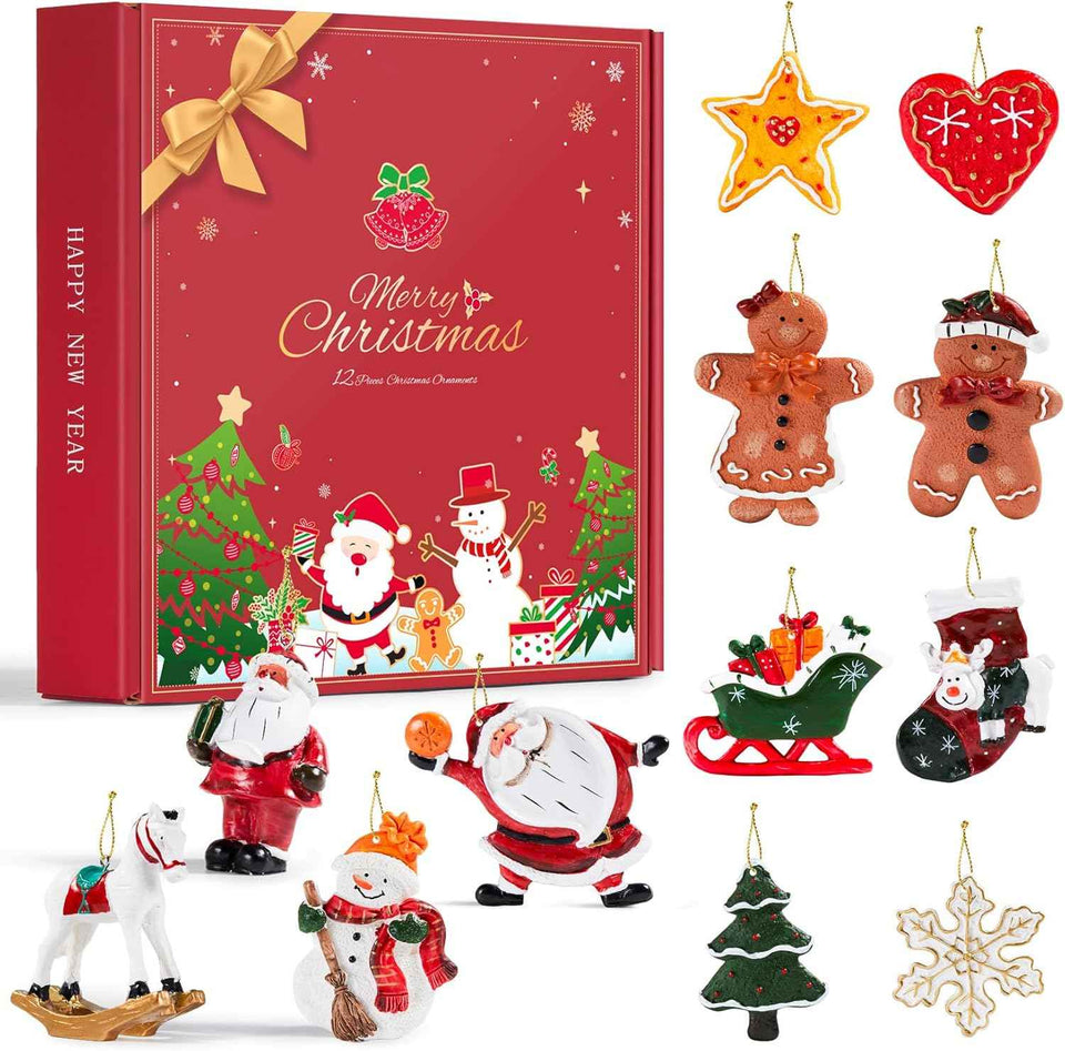 Mini Christmas Ornaments, Sooez Set of 24 Cute Miniature Resin Christmas Tree Ornament Figures Advent Calendar Fillers, Durable & Well-Crafted 3-D Figurines with Gold Loops for Easy Hanging