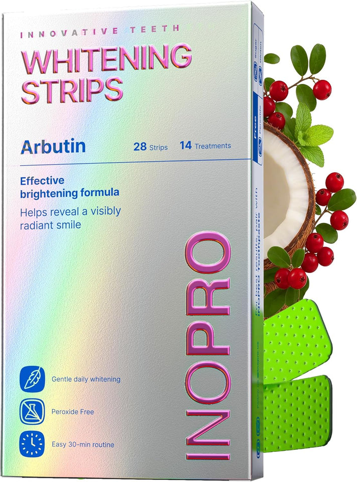 InoPro Teeth Whitening Strips 14 Treatments Kit - Enamel Safe Teeth Whitener, Peroxide-Free, Green White Strips for Teeth Whitening with Arbutin, Coconut Oil, Deep Stains Removal (28 Strips)