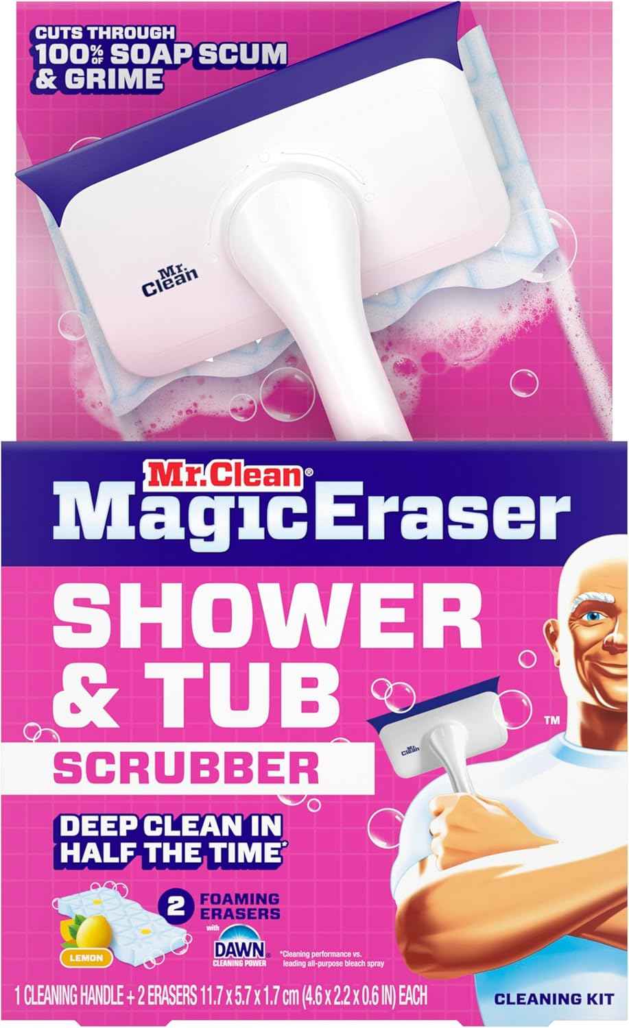 Mr. Clean Magic Eraser Shower, Tub Scrubber, Bathroom Cleaner, Lemon, Starter Kit, All in One