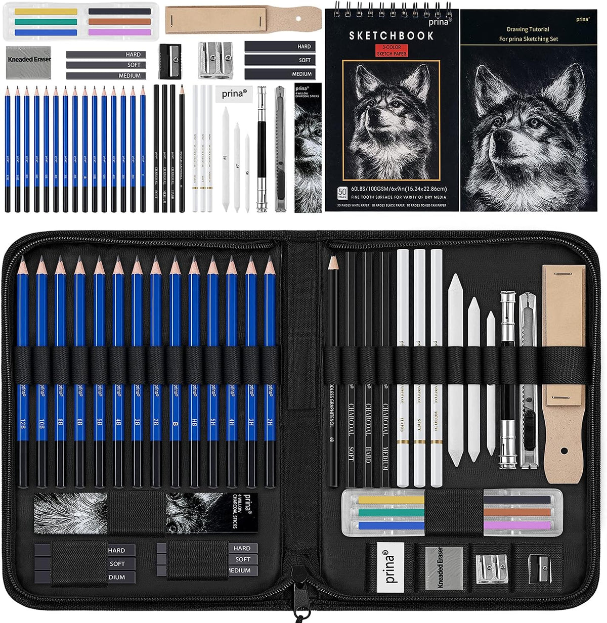 Prina 50 Pack Drawing Set Sketch Kit, Sketching Supplies with 3-Color Sketchbook, Graphite, and Charcoal Pencils, Pro Art Drawing Kit for Artists Adults Teens Beginner Kid, Ideal for Shading, Blending