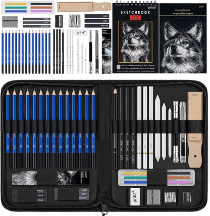Prina 50 Pack Drawing Set Sketch Kit, Sketching Supplies with 3-Color Sketchbook, Graphite, and Charcoal Pencils, Pro Art Drawing Kit for Artists Adults Teens Beginner Kid, Ideal for Shading, Blending