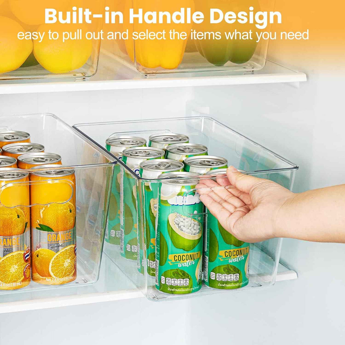 YIHONG 6 Pack Clear Pantry Organizer Bins, Plastic Containers with Handle for Kitchen,Freezer,Cabinet,Closet,Bathroom Under Sink Storage