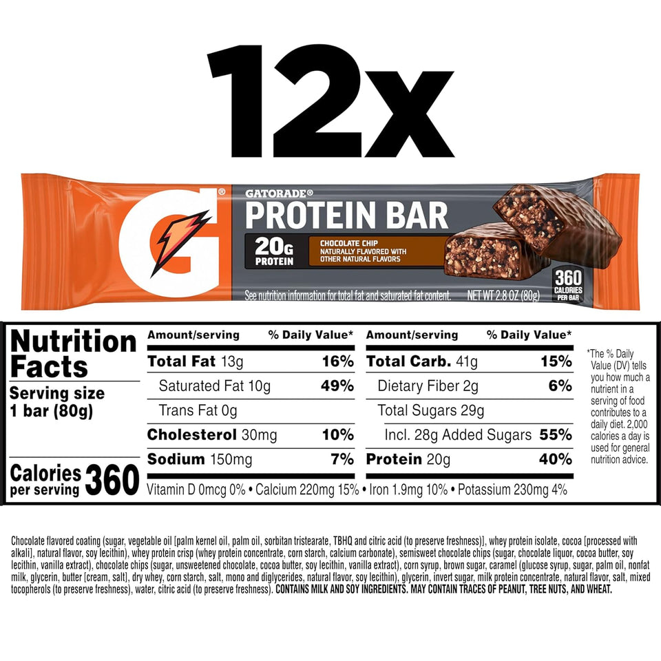 Gatorade whey protein recover bars, chocolate chip, 2.8 ounce, pack of 12, 20g protein, 42g carbs