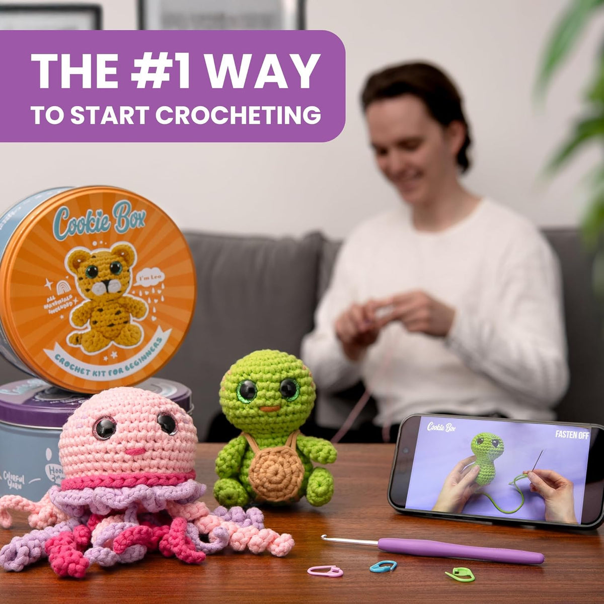 Cookie Box Crochet Kit for Beginners – Gift Set to Make Turtle Hugo Amigurumi Plushie – Easy DIY Crochet & Knitting Starter Kit with Video and PDF Tutorials