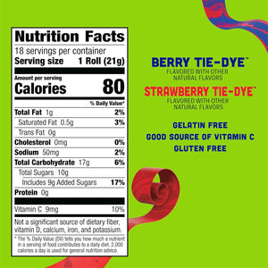 Fruit By The Foot Berry Tie-Dye and Strawberry Tie-Dye fruit flavored snacks, 18 rolls, 13.5 oz, gluten-free and gelatin-free