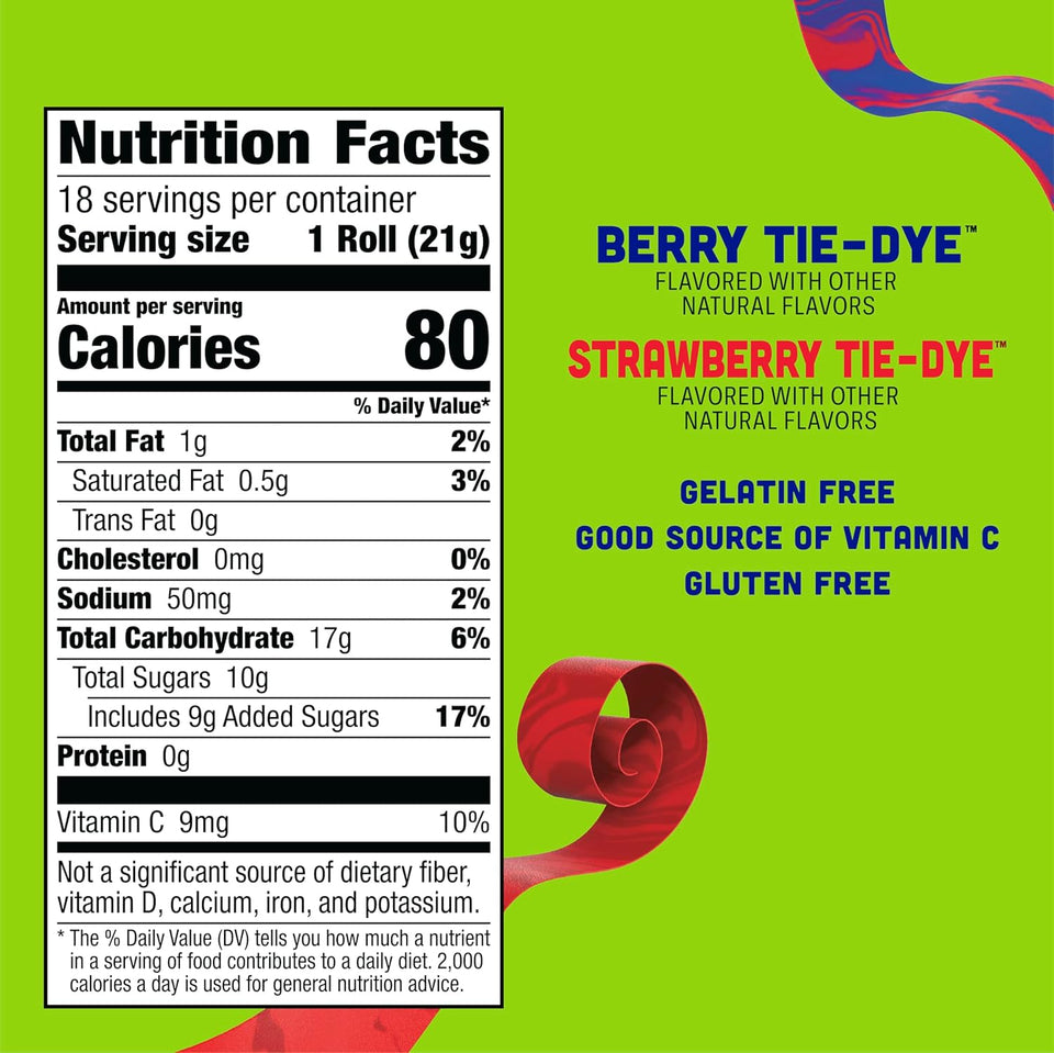 Fruit By The Foot Berry Tie-Dye and Strawberry Tie-Dye fruit flavored snacks, 18 rolls, 13.5 oz, gluten-free and gelatin-free