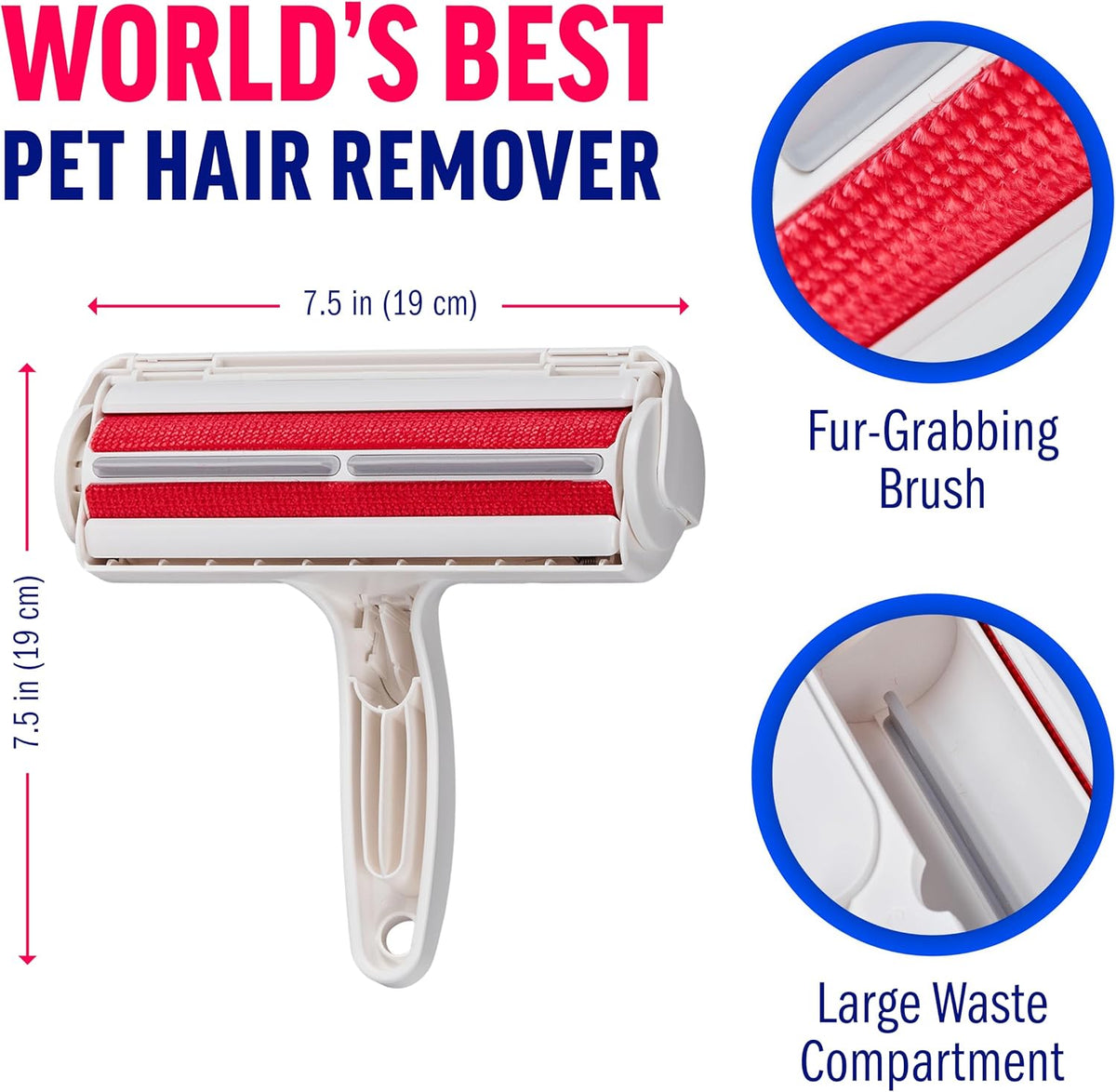 ChomChom Roller Pet Hair Remover – Original Size Reusable Lint Roller for Cat & Dog Hair on Furniture, Couch, Carpet, Car, Rugs & Bedding – Portable, Eco-Friendly (White)