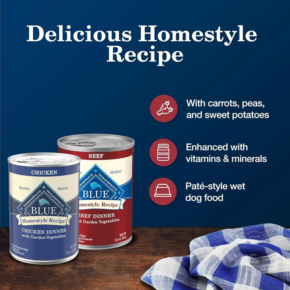 blue buffalo homestyle recipe adult wet dog food, chicken and beef dinner variety pack, 12.5-oz cans, 6 count, 3 of each