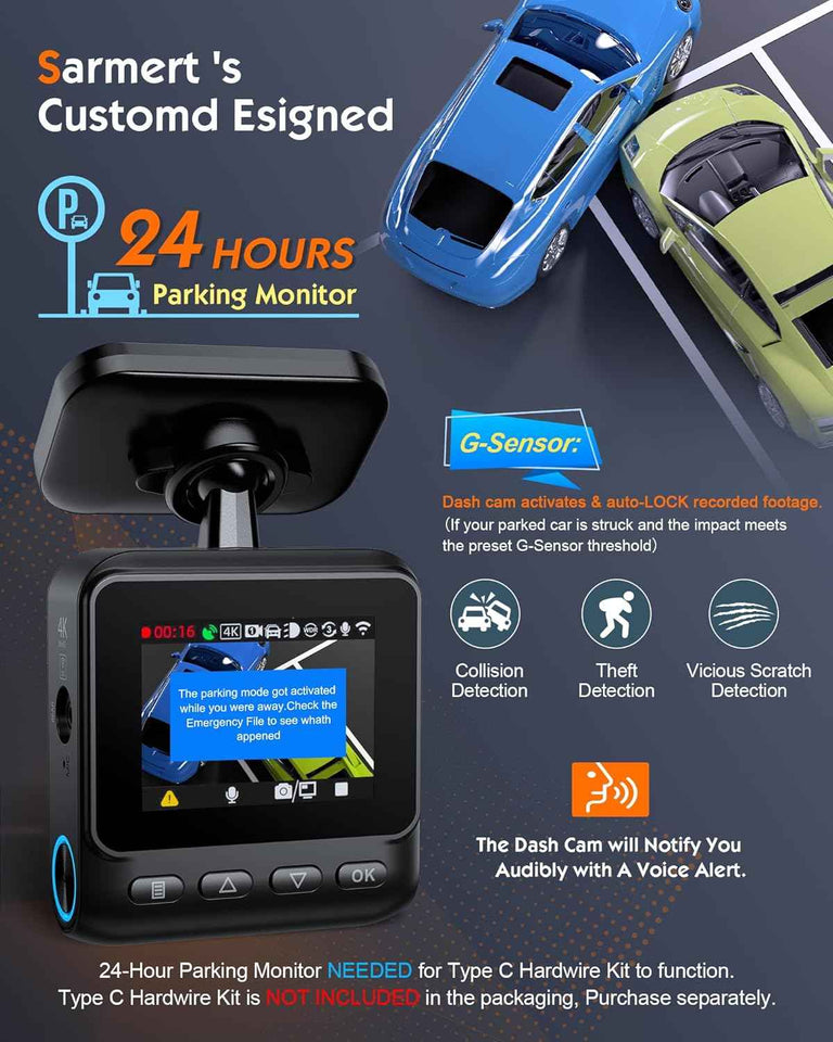Sarmert C2 4K Dual Dash Cam Front and Rear - Built-in GPS and 5G WiFi, Free 64GB Card Included, 4K UHD Dash Camera for Cars, Night Vision, WDR, Loop Recording, App Control, 24H Parking Mode