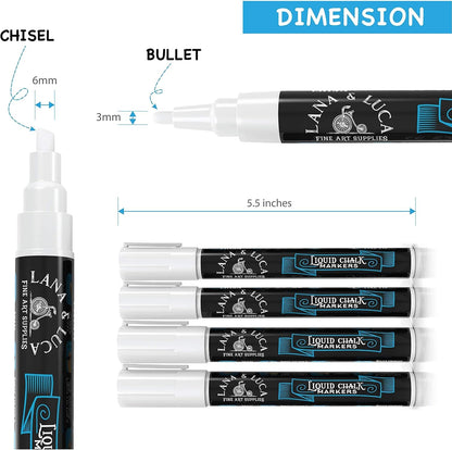 Liquid Chalk Marker Pen - White Dry Erase Marker - Chalkboard Signs, Windows, Blackboard, Glass (6 Pack) 3-6mm Reversible Tip, 3-3mm Fine Tip