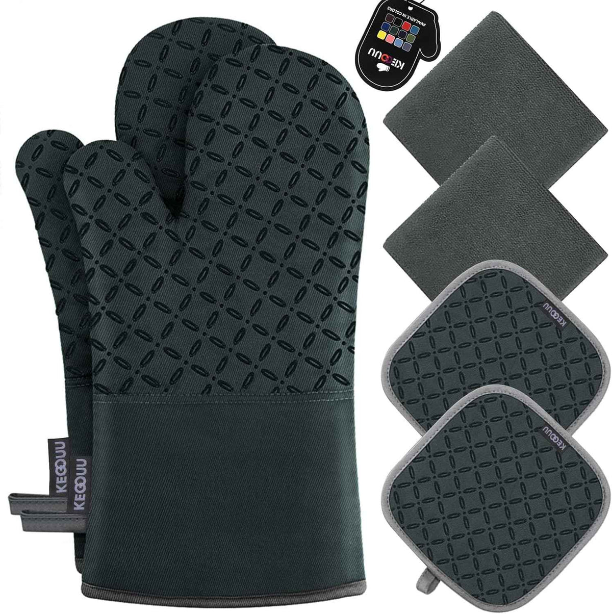 KEGOUU Oven Mitts and Pot Holders 6pcs Set, Kitchen Oven Glove High Heat Resistant 500 Degree Extra Long Oven Mitts and Potholder with Non-Slip Silicone Surface for Cooking (Grey)