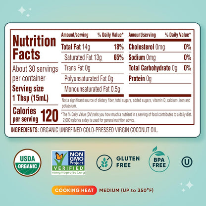 nutiva organic cold-pressed unrefined 15-ounce virgin coconut oil non-gmo sustainably farmed coconuts