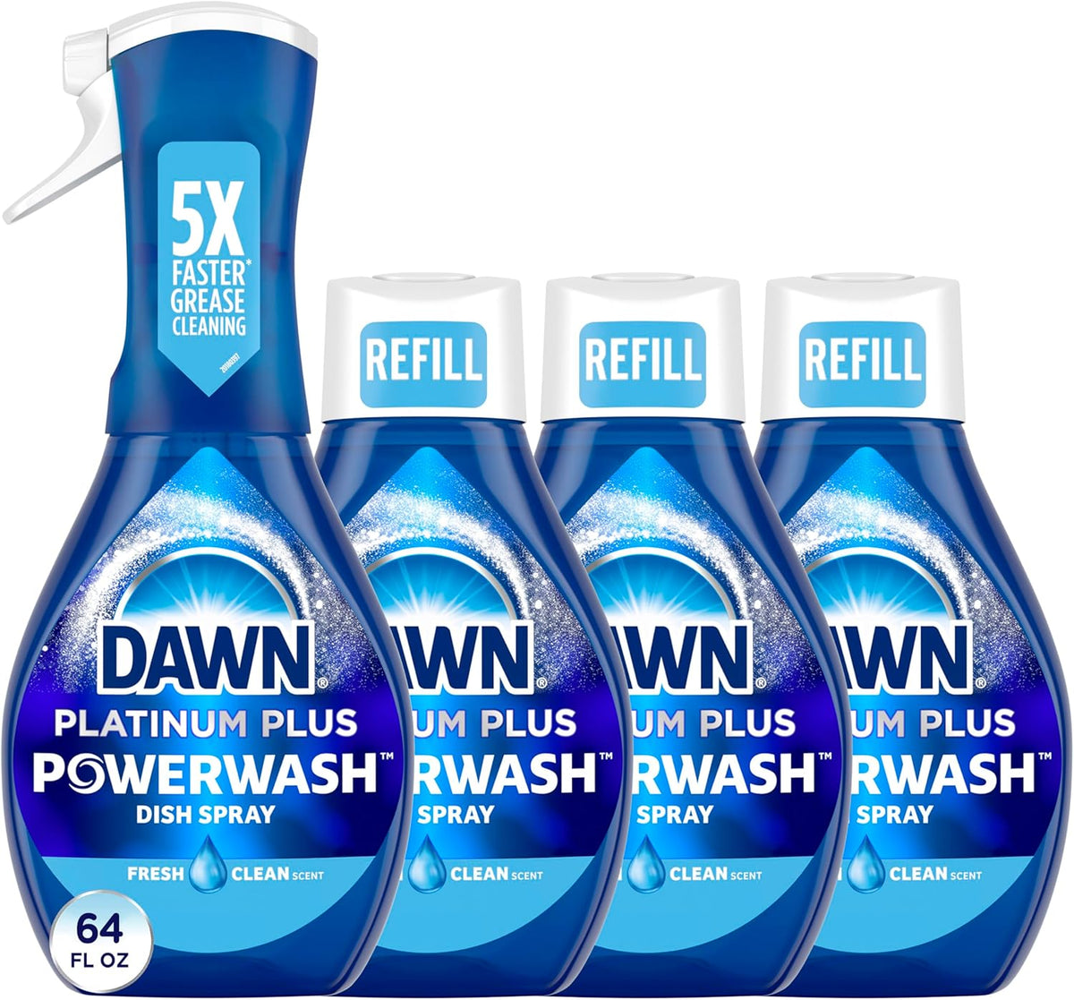 Dawn Platinum Powerwash Dish Spray, Dish Soap Liquid, Fresh Scent Bundle, 1 Spray (16oz) + 3 Refills (16oz each)(Pack of 4)