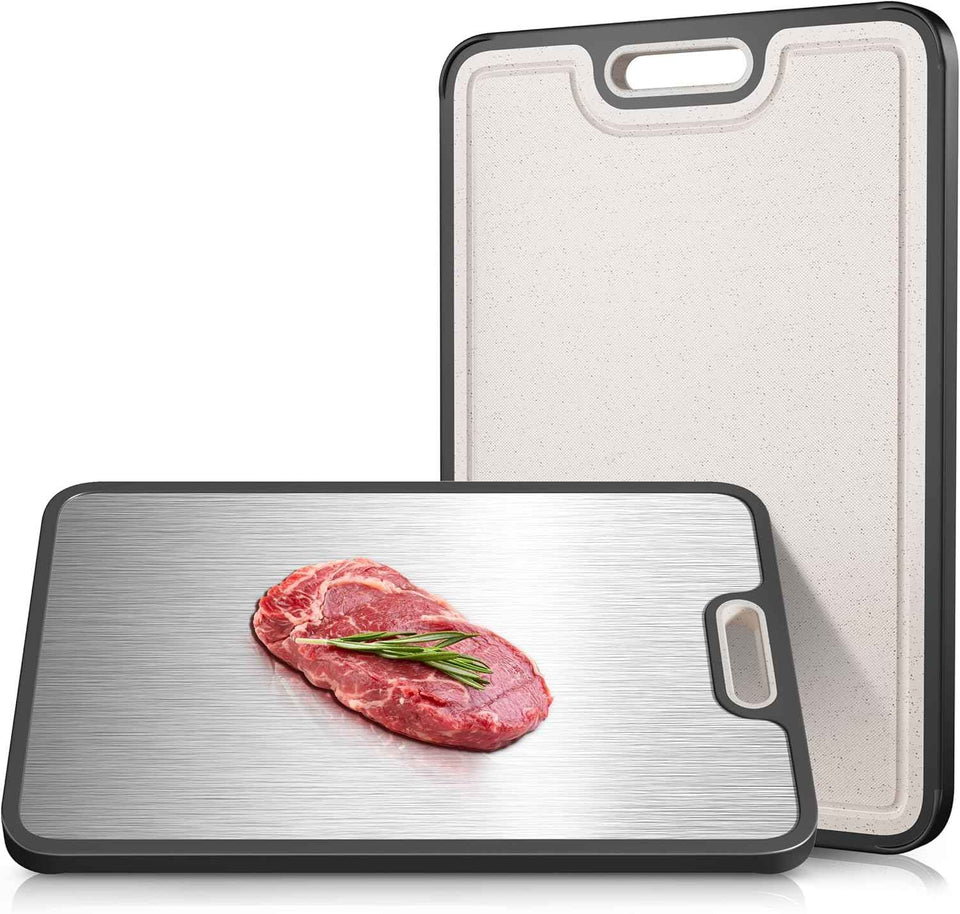 Double Sided 304 Stainless Steel & Wheat Straw Cutting Board, 14.4"*9.8" Non Toxic Chopping Board, Separately Handle Meat and Vegetables, Dishwasher Safe, Scratch Resistant Mesh Design