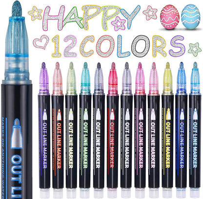 Stocking Stuffers, Outline Glitter Markers, Stocking Stuffers for Teen Girl Gifts Trendy Stuff, 12 Shimmer Markers Outline Pens for Art Supplies for Kids 9-12, Gifts for 4-12 Year Old Girls