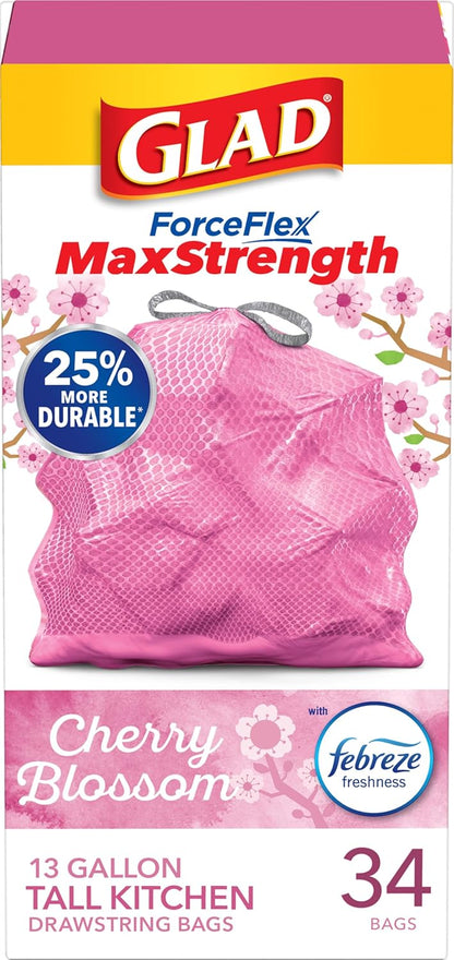 Glad Tall Kitchen Trash Bags 13 Gallon, MaxStrength Cherry Blossom Garbage Bags, Drawstring, 90 Count - Rayz Mart