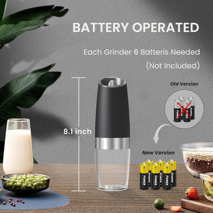 Battery Operated Salt And Pepper Grinder Set with LED Light, Automatic Electric Gravity Salt And Pepper Shakers Set, Each 6 AAA Batteries Needed, Adjustable Roughness, 2 Pack (Black)