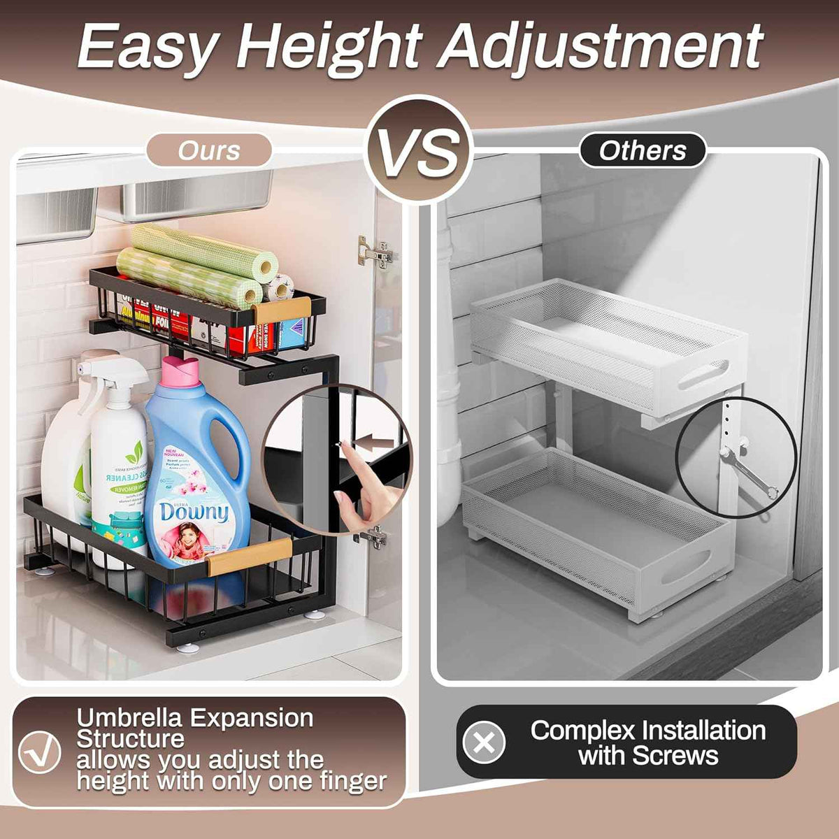 ADBIU Under Sink Organizer, 2 Pack 2 Tier Expandable Height (13.2" - 17.2") Pulling Out Kitchen Bathroom Cabinet Organizers