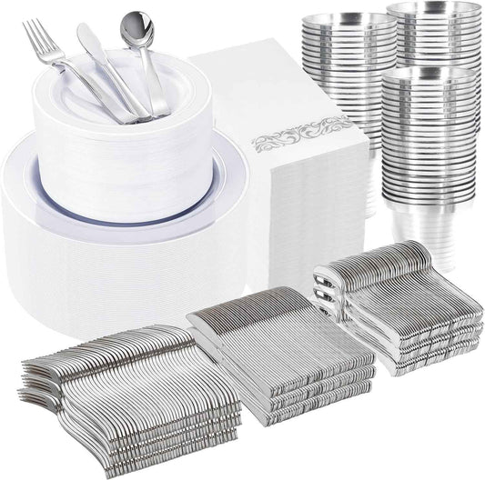 WELLIFE 700 Pieces Silver Plastic Dinnerware Set for 100 Guests - Includes Plates, Cups, Napkins, and Disposable Cutlery - Elegant White & Silver Design, Perfect for Parties and Events
