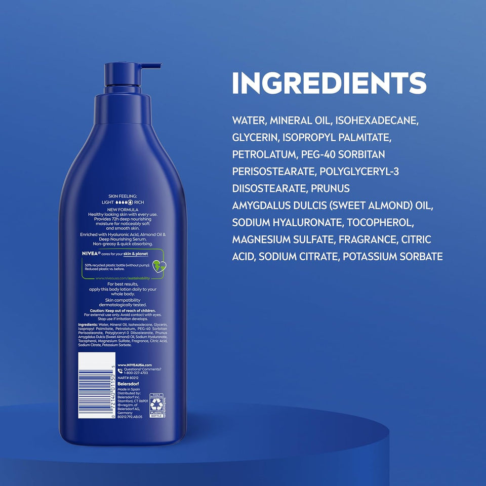 nivea essentially enriched body lotion for dry skin with hyaluronic acid, 16.9 fl oz, pack of 2