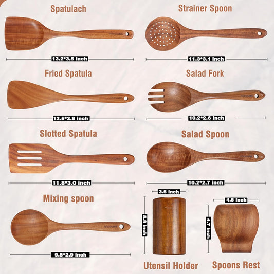 9 Piece Natural Teak Wooden Kitchen Utensil Set with Spoon Rest - Comfort Grip Cooking Spoons and Utensils Holder