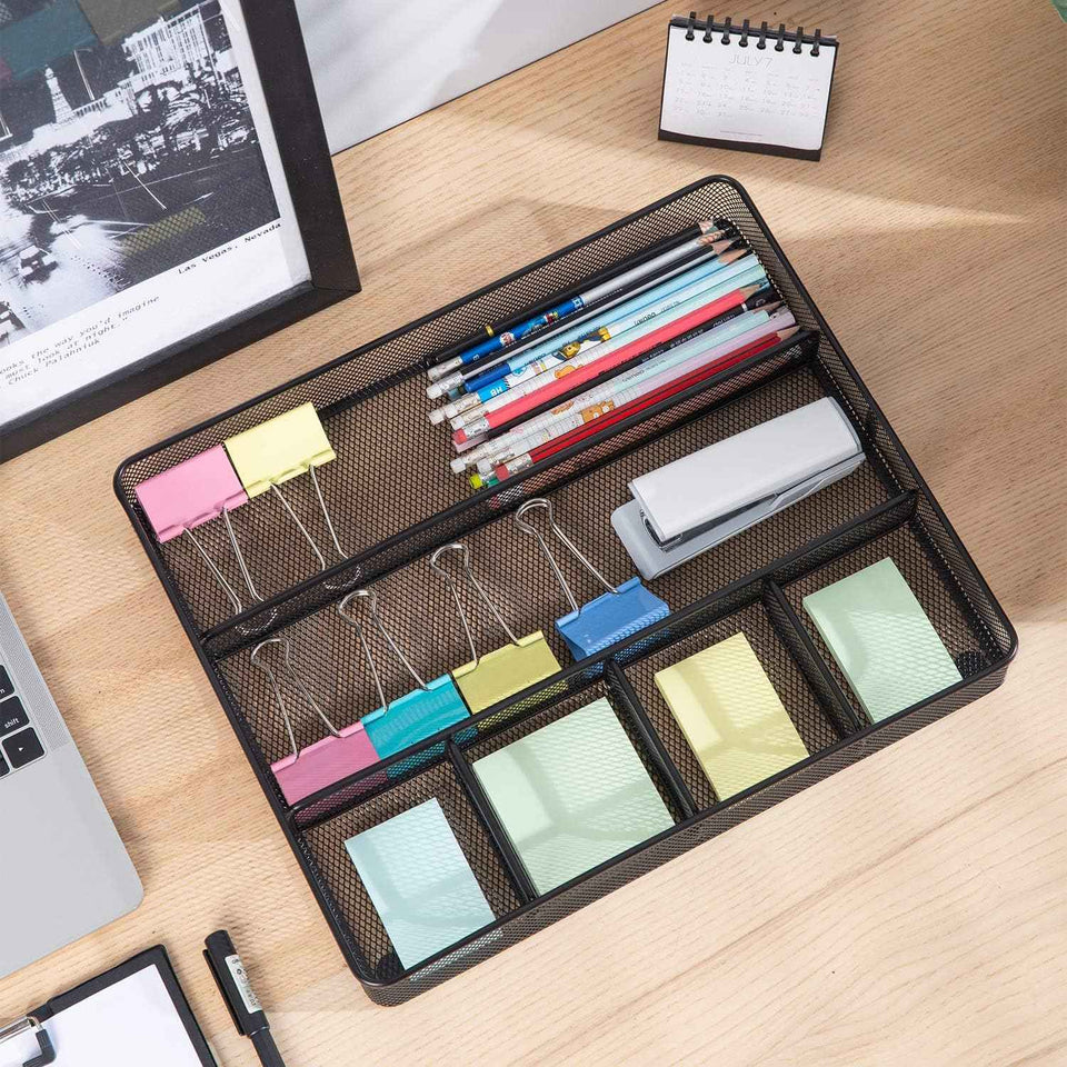 Amazon Basics Desk Drawer Organizer for Office and Home, Metal Mesh, Anti-Slip, 6 Compartments, Black