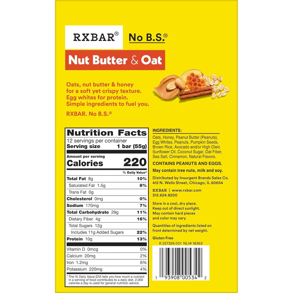 rxbar nut butter and oat honey cinnamon peanut butter protein snack bars 12 count 23.2oz box