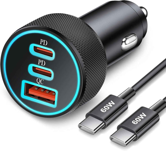 67W 3-Port Super Fast Type C Car Charger USB C for Samsung Galaxy S25 S24 S23 S22 S21 Ultra, iPhone 17/Air/16/15 Pro Max, Android, PD/QC Car Phone Adapter Accessories for Men Women + 3FT USB-C Cable