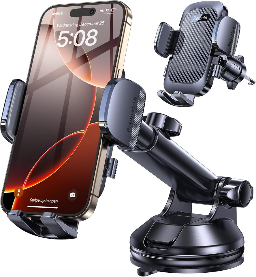 Romuto Phone Holders for Your Car Phone Holder Mount【Super Suction】Cell Phone Mount for Car Accessories for Women Men Windshield/Vent/Dashboard Pad Mount Truck Stand GPS Dash Holder for iPhone Samsung