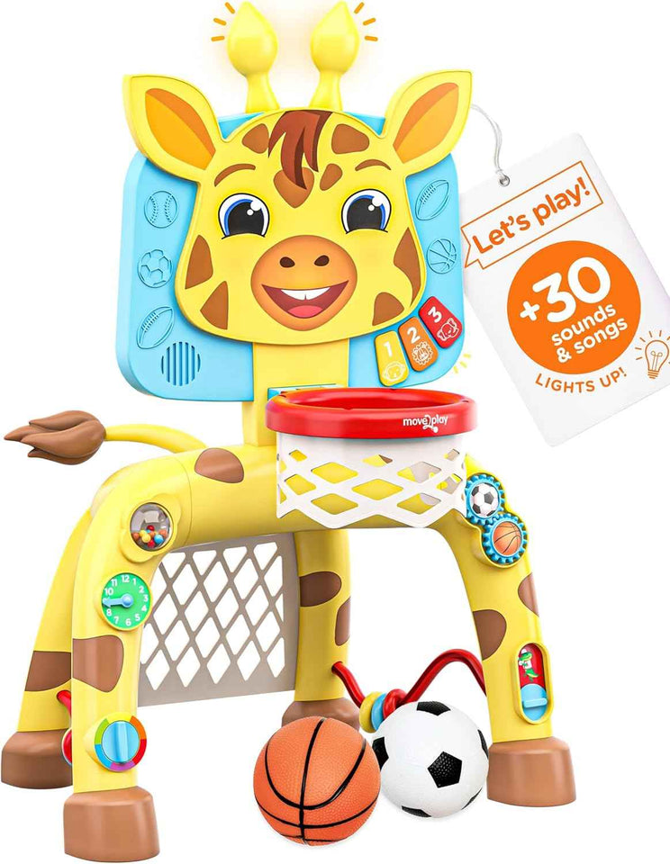 Move2Play, Giraffe Basketball Hoop & Soccer Goal Activity Center | 30+ Sounds & Lights | 1, 2, 3+ Year Old Gift & Birthday Present | 6, 12, 18, 24+ Month Toy For Baby, Toddler, Boys, & Girls