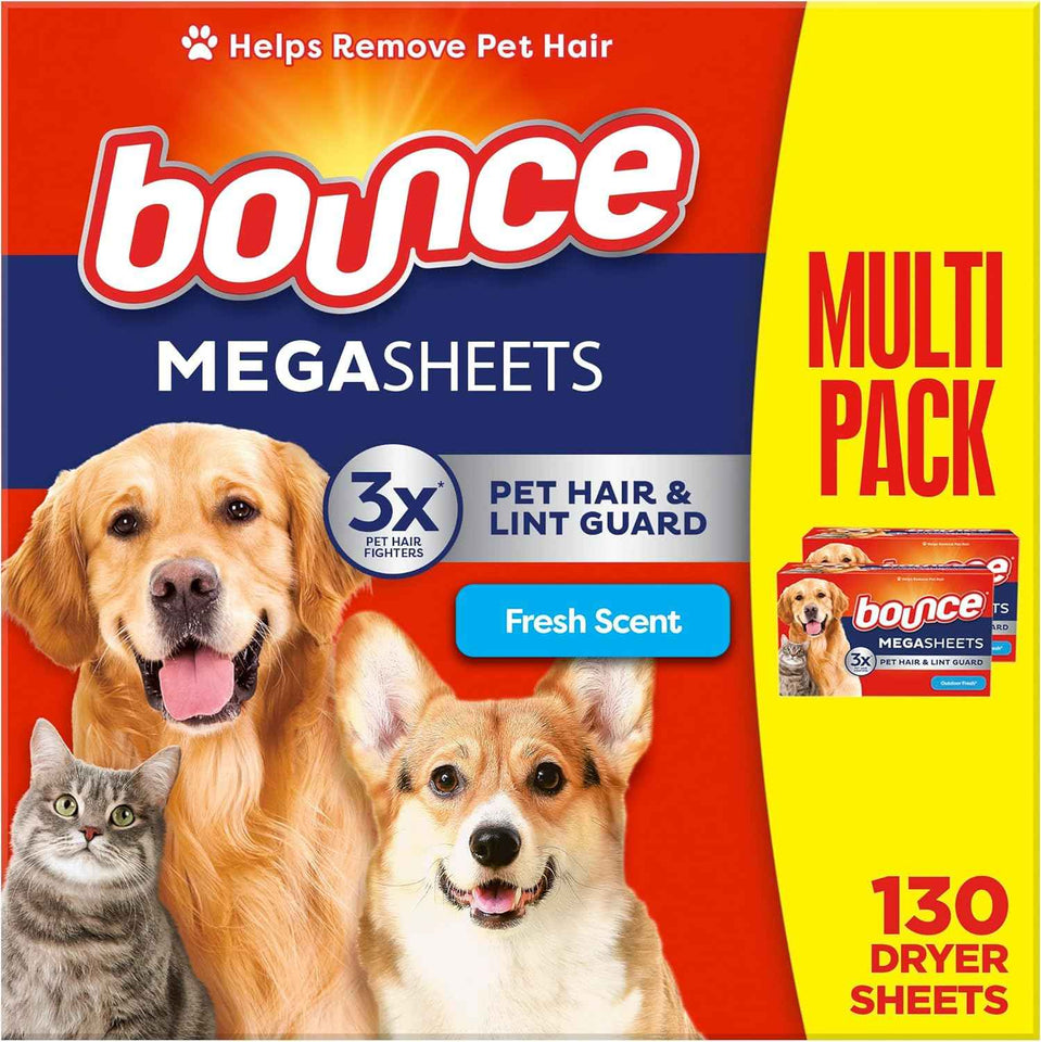 Bounce Pet Hair and Lint Guard Mega Fabric Softener Dryer Sheets with 3X Pet Hair Fighters, Fresh Scent, 180 Count, Bounce Dryer Sheets, Laundry Sheets, Mega Sheet