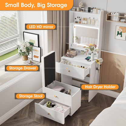 Vabches Make Up Vanity Desk with Mirror and Lights, White Vanity Table Set with Charger Station,Girls Small Vanity and Storage Chair