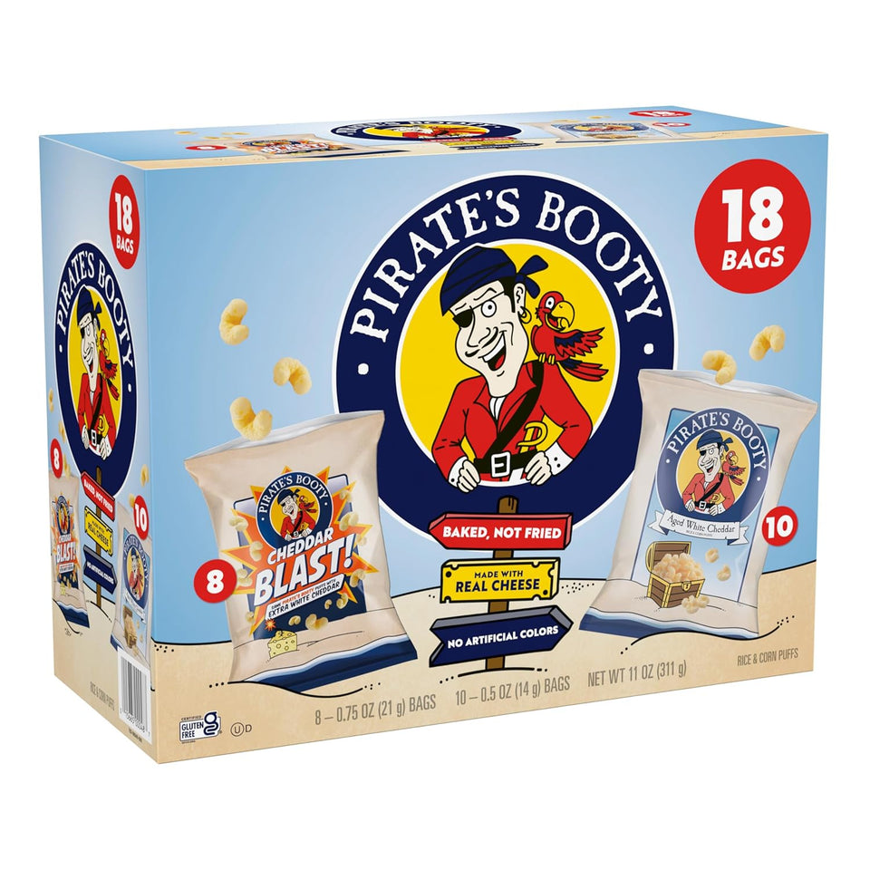 Pirate's Booty Aged White Cheddar and Cheddar Blast Cheese Puffs Variety Pack, 18-count, 0.5oz and 0.75oz bags, gluten-free kids snacks