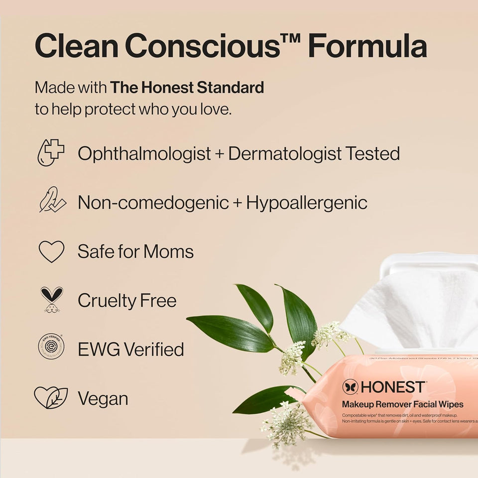 Honest Beauty fragrance-free, plant-based, gentle facial wipes for sensitive skin - 90 count
