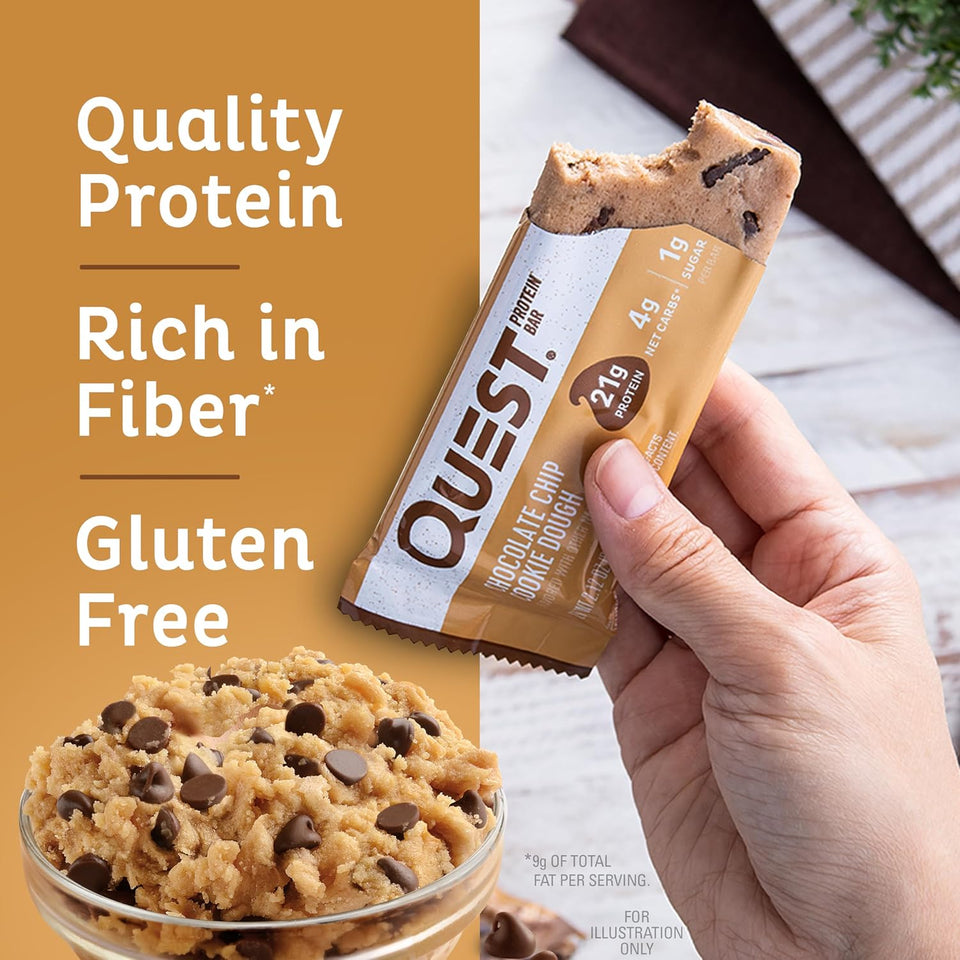 quest nutrition chocolate chip cookie dough protein bars 21g protein 1g sugar 4g net carb gluten free 12 count
